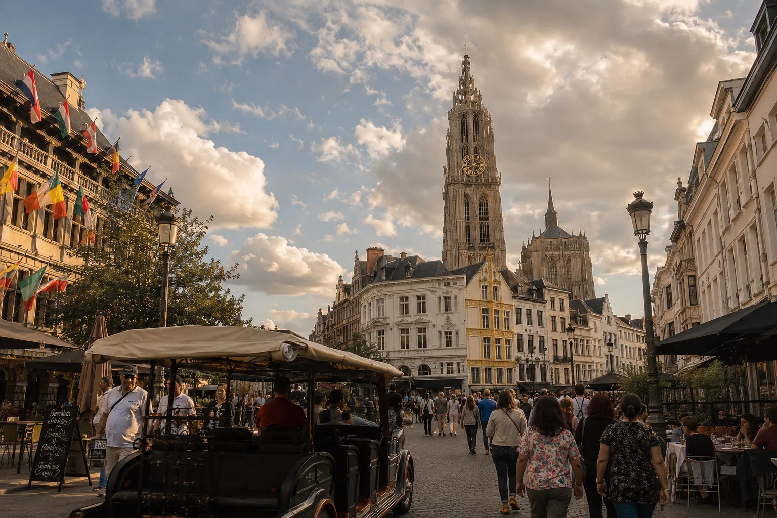 La catedral de Amberes vista desde una calle del centro