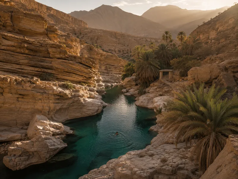 Wadi omaní con piscina natural turquesa entre paredes de roca caliza