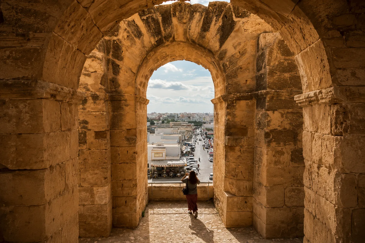 De espaldas, bajando las escaleras de las gradas, con un arco y el pueblo de El Djem al fondo