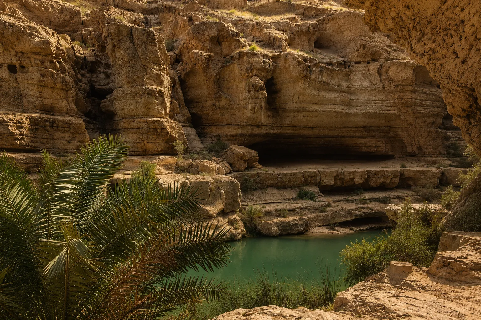 El cañón de Wadi Shab con su poza de entrada, camino de las pozas