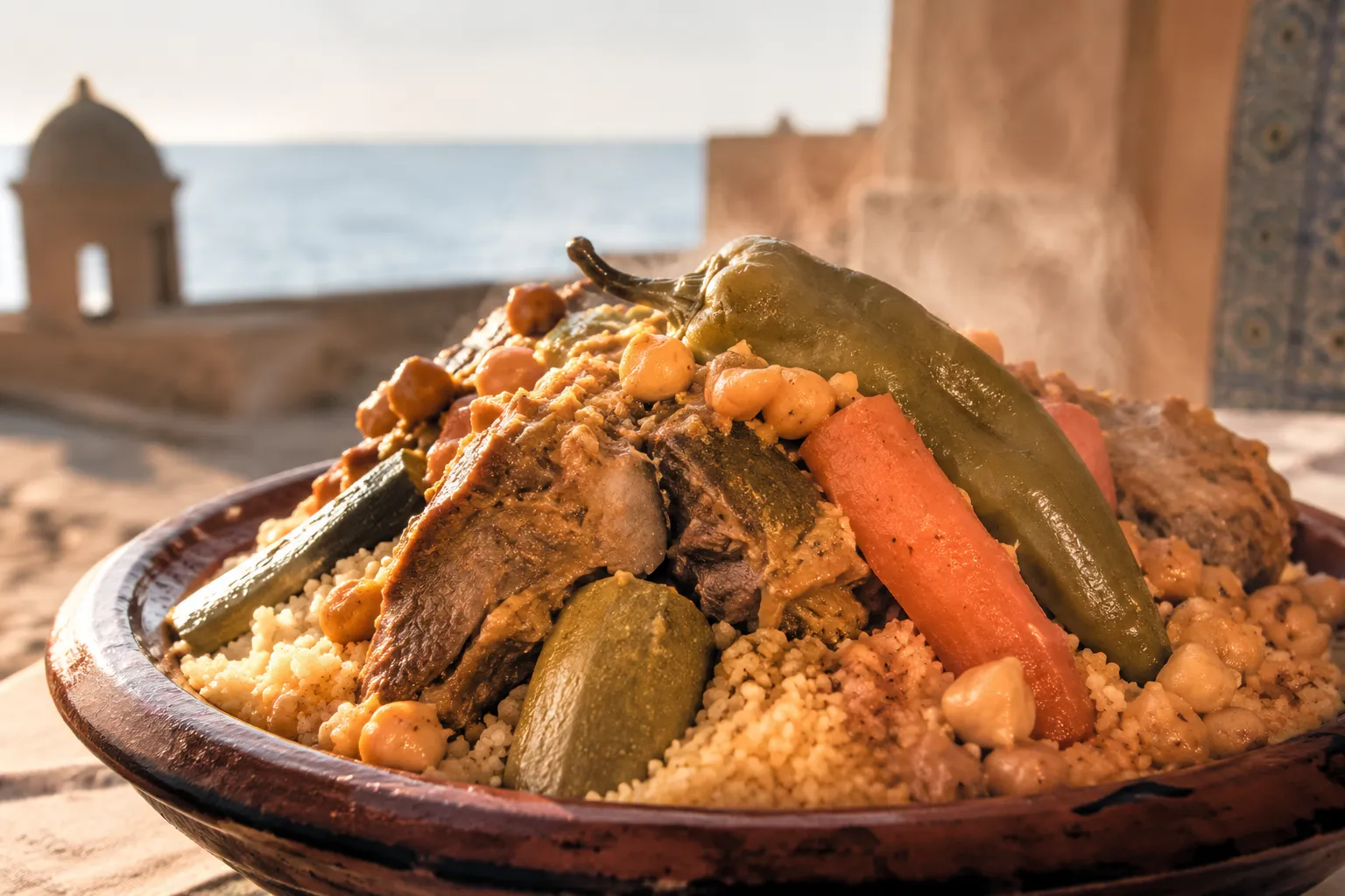 Plato de cuscús de cordero en Le Barberousse, Hammamet